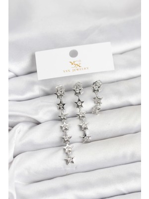 cleovibe Pirinç Gümüş Renk Yıldız Model Ysx Trio Küpe Seti