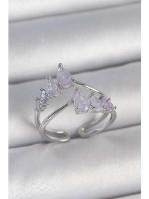 cleovibe Pirinç Gümüş Renk Mor Damla Zirkon Taşlı Taç Model Kadın Yüzük