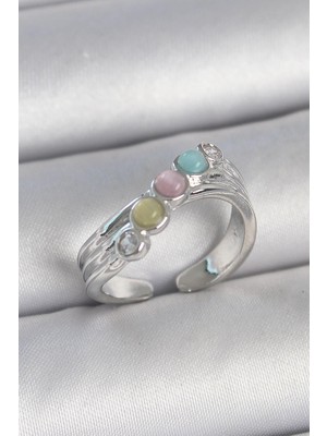 cleovibe Pirinç Gümüş Renk Zirkon Taş Detaylı Renkli Mineli Ayarlanabilir Kadın Yüzük