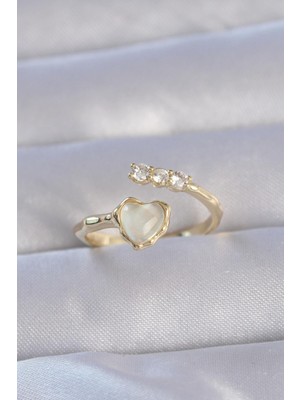 cleovibe Pirinç Gold Renk Zirkon Taşlı Sedefli Kalp Model Ayarlanabilir Yüzük