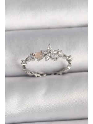 cleovibe Pirinç Gümüş Renk Zirkon Taşlı Çiçek Model Ayarlanabilir Yüzük