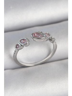 cleovibe Pirinç Gümüş Renk Pembe Damla Zirkon Taşlı Ayarlanabilir Model Kadın Yüzük