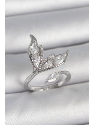 cleovibe Pirinç Gümüş Renk Zirkon Taşlı Balık Kuyruğu Model Ayarlanabilir Kadın Yüzük