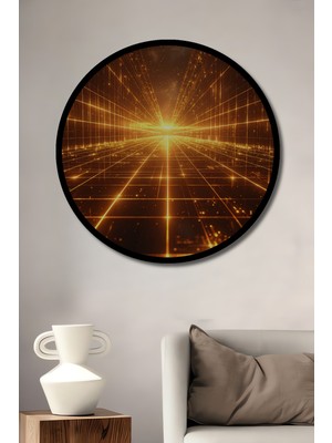 Beta Moda Hub Altın Işık Tüneli Modern Soyut Sanat Ahşap Dekoratif Tablo Yuvarlak Duvar Tablosu Çerçeve Görünümlü