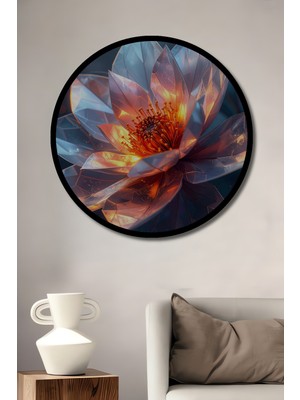 Beta Moda Hub Kristal Çiçek Işıltısı Yağlı Boya Görünümlü Ahşap Tablo Yuvarlak Duvar Tablosu Çerçeve Görünümlü