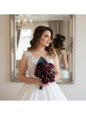 Ellayda Gerçek Deriden El Yapımı Bordo Gelin Buketi – Zamansız Bir Hatıra