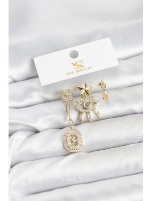 cleovibe Pirinç Gold Renk Göz ve Kutup Yıldızı Model Ysx Trio Küpe Seti