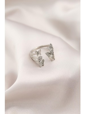 cleovibe Gümüş Renk Metal Kelebek Model Kadın Yüzük