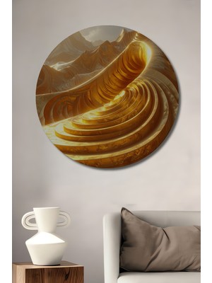 Beta Moda Hub Altın Vadi Soyut Sanat Yağlı Boya Görünümlü Dekoratif Ahşap Tablo Yuvarlak Duvar Tablosu