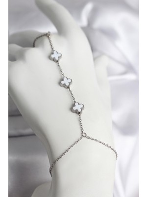 cleovibe 316L Çelik Gümüş Renk Beyaz Yonca Model Kadın Şahmeran