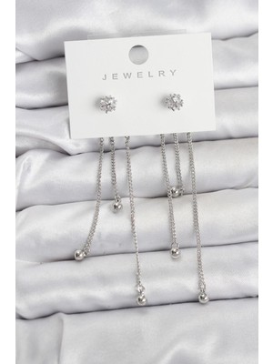 cleovibe Topçuk Model Gümüş Renk Pirinç Sallantılı Kadın Küpe Seti