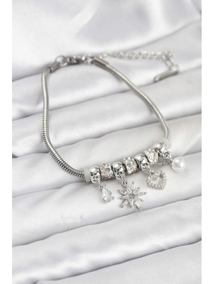 cleovibe Pirinç Gümüş Renk Kutup Yıldızı ve Kalp Charmlı Kadın Bileklik