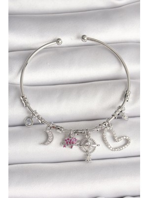 cleovibe Pirinç Gümüş Renk Sallantı Zirkon Taşlı Gezegen Figür Kalp Detay Charm Kadın Bileklik