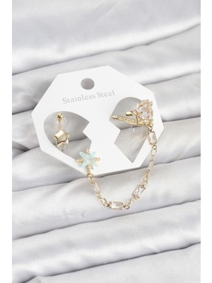 cleovibe Yıldız Model Pirinç Gold Renk Zincir Bağlantılı Ear Cuff Küpe Seti