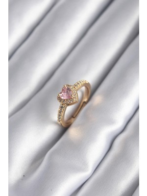 cleovibe Pirinç Gold Renk Pembe Zirkon Taş Kalp Charm Model Kadın Yüzük