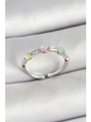 cleovibe Pirinç Sıralı Boncuk Figürlü Zirkon Taşlı Gümüş Renk Ayarlanabilir Kadın Yüzük