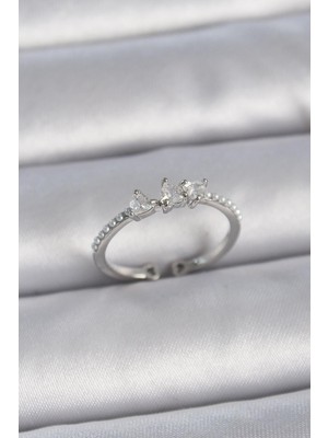 cleovibe Pirinç Gümüş Renk Zirkon Taşlı Kalp Inci Detay Ayarlanabilir Model Kadın Yüzük