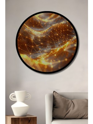 Beta Moda Hub Altın Işık Ağları Dijital Sanat Ahşap Tablo Yuvarlak Duvar Tablosu Çerçeve Görünümlü