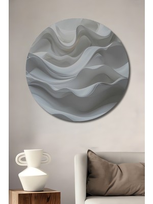 Beta Moda Hub Soyut Beyaz Dalgalar Yağlı Boya Görünümlü Dekoratif Ahşap Tablo Yuvarlak Duvar Tablosu