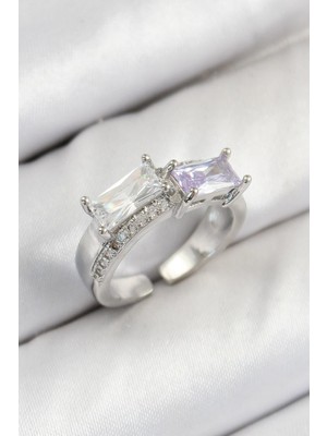 cleovibe Pirinç Zirkon Taşlı Dikdörtgen Model Gümüş Renk Kadın Yüzük