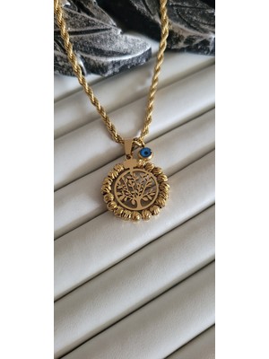 316L Paslanmaz Çelik Burgu Zincir Dorika Yaşam Ağacı Figürlü Nazar Boncuklu Kolye