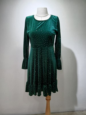 Zümrüt Yeşili Silver Taş Baskılı Kısa Büyük Beden Elbise