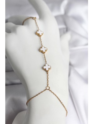 cleovibe 316L Çelik Gold Renk Beyaz Yonca Model Kadın Şahmeran