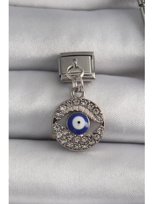 cleovibe 316L Çelik Gümüş Renk Sallantı Zirkon Taşlı Göz Model Nazar Boncuk Detay Nomination Charm