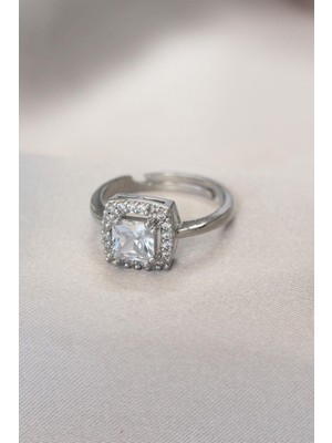 cleovibe Gümüş Renk Baget ve Zirkon Taşlı Kare Yüzük
