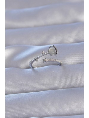 cleovibe Pirinç Gümüş Renk Zirkon Taşlı Incili Satürn Model Ayarlanabilir Yüzük