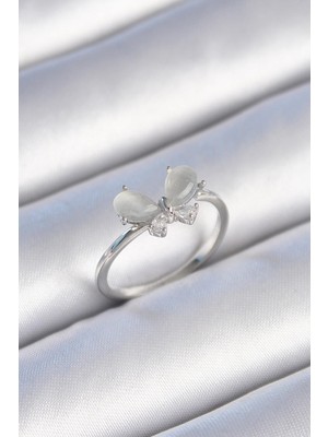 cleovibe Pirinç Gümüş Renk Zirkon Taşlı Beyaz Mineli Kelebek Model Kadın Yüzük