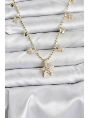 cleovibe Pirinç Gold Renk Zirkon Taşlı Deniz Yıldızı Model Kadın Kolye