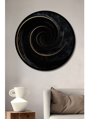 Beta Moda Hub Soyut Altın Spiral Koyu Mermer Desenli Ahşap Tablo Yuvarlak Duvar Tablosu Çerçeve Görünümlü