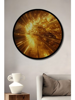 Beta Moda Hub Altın Enerji Patlaması Yağlı Boya Görünümlü Ahşap Tablo Yuvarlak Duvar Tablosu Çerçeve Görünümlü