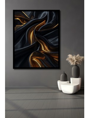 Beta Moda Hub Altın Parıltılı Siyah Saten Dokulu Modern Soyut Sanat Ahşap Ofis,mutfak Tablo Çerçeve Görünümlü