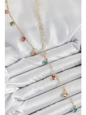 cleovibe Pirinç Asorti Kalp Model Gold Renk Zirkon Taşlı Y Kolye