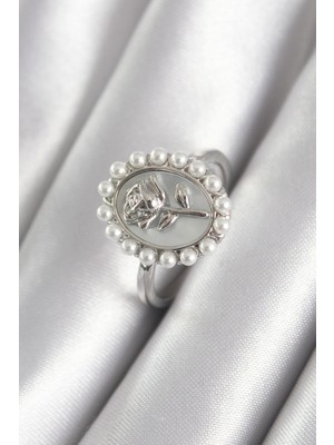 cleovibe Pirinç Gümüş Renk Portre Gül Model Inci Detay Kadın Yüzük