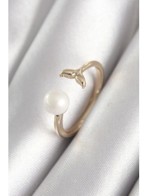 cleovibe Pirinç Gold Renk Inci Top Figür Balık Kuyruğu Model Kadın Yüzük