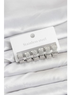 cleovibe 316L Çelik Zirkon Taşlı Gümüş Renk Halka Küpe Seti