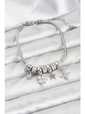 cleovibe Gümüş Renk Pirinç Yonca Charmlı Kadın Bileklik