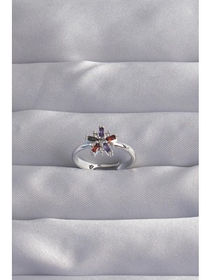 cleovibe Pirinç Gümüş Renk Renkli Zirkon Taşlı Ayarlamalı Yüzük