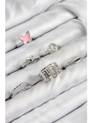 cleovibe Pirinç Kelebek ve Kalp Model Gümüş Renk Kadın Yüzük Kombin Set