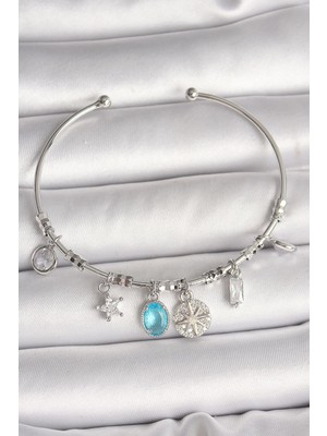 cleovibe Pirinç Gümüş Renk Sallantı Pusula Figür Kalp Detay Charm Kadın Bileklik