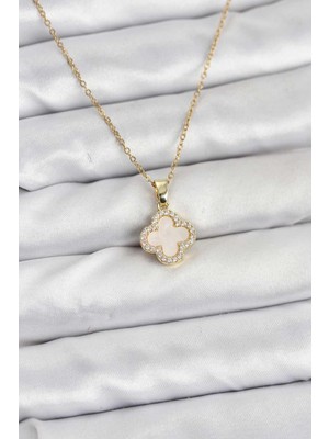 cleovibe 316L Çelik Zincir Gold Renk Sedefli Yonca Kadın Kolye
