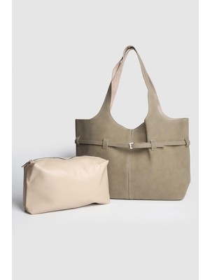 Septemmart Kadın Pureline Makyaj Çantalı Süet Büyük Boy Omuz Çantası