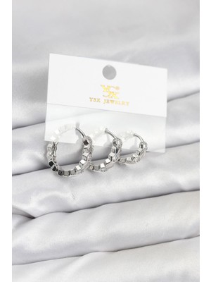 cleovibe Pirinç Gümüş Renk Zirkon Taşlı Petek Halka Model Ysx Trio Küpe Seti