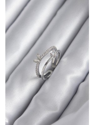 cleovibe Pirinç Gümüş Renk Zirkon Taşlı Kelebek Model Kadın Yüzük