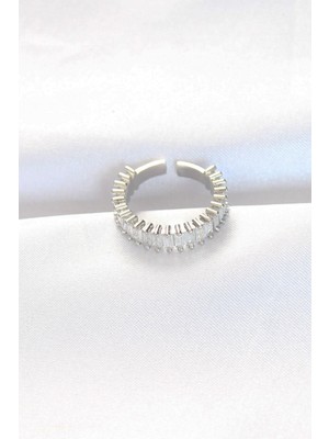 cleovibe Sıralı Baget Taşlı Silver Renk Ayarlanabilir Yüzük