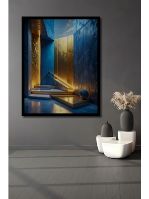 Beta Moda Hub Altın ve Mavi Modern Soyut Sanat Ahşap Ev,antre,ofis,mutfak,yatak Odası Tablo Çerçeve Görünümlü