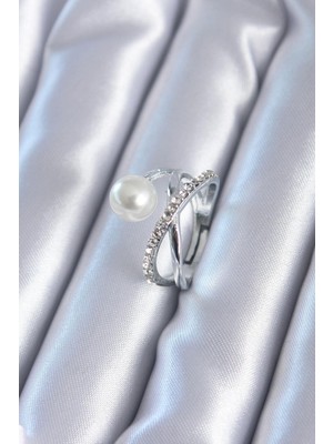 cleovibe Gümüş Renk Zirkon Taşlı Incili Kadın Yüzük